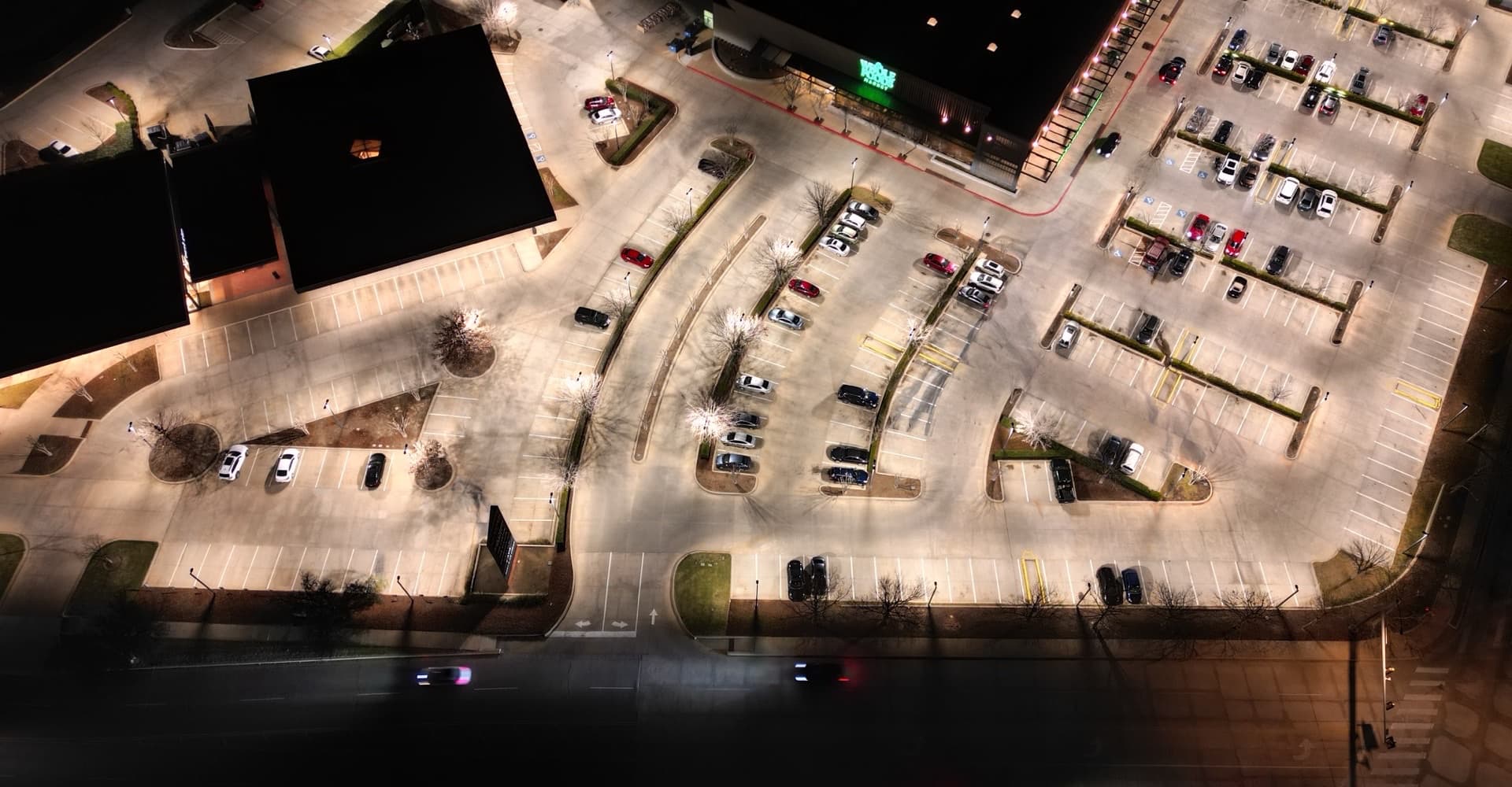 above view of parking lot with bright LED lighting